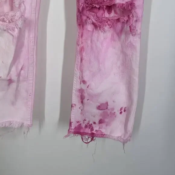 Abercrombie Ultra High Rise Ankle Straight Distressed Tie Dye Jeans Size 27 Pink - Picture 4 of 8
